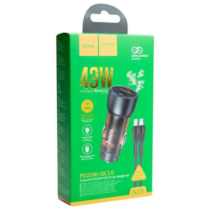 АЗП Hoco NZ8 Sprinter PD43W+QC3.0 (1USB-A/1C) + кабель Type-C to Lightning